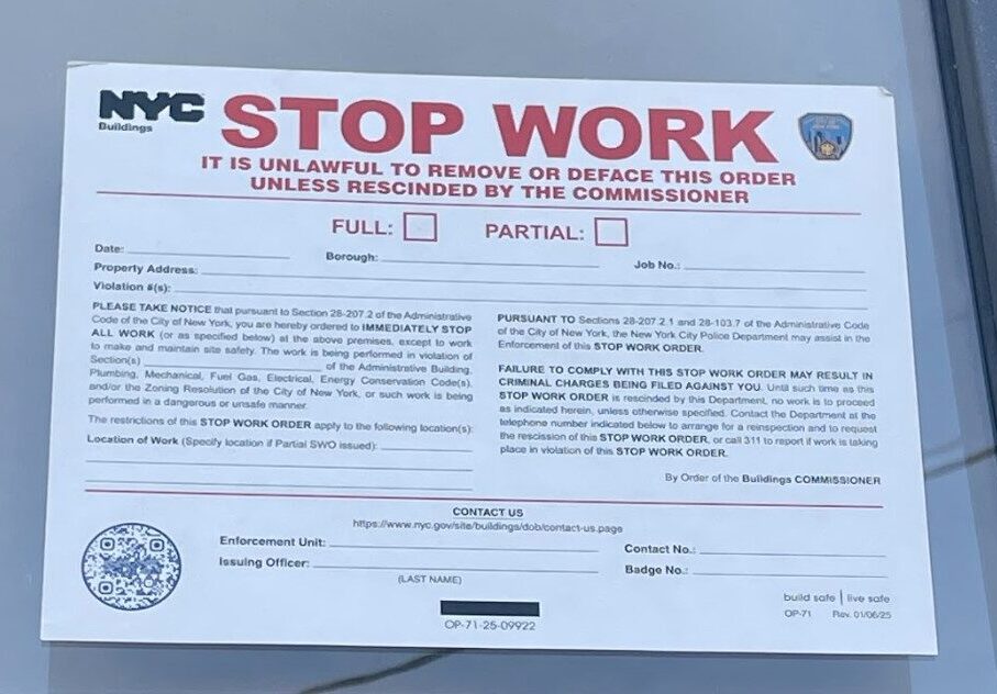 Stop Work Order issued by NYC Department of Buildings