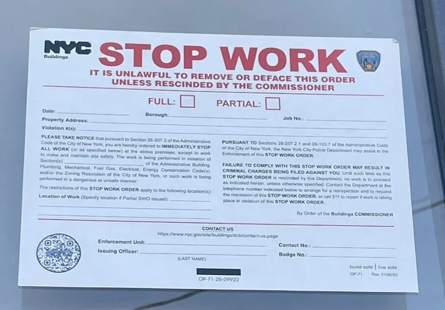 Stop Work Order issued by NYC Department of Buildings